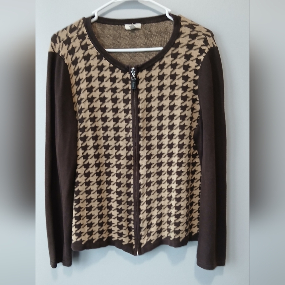 Talbots Zip Front Houndstooth Print Cardigan Brown Tan Womens Size Large  Office